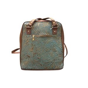 Hand‎ TOOLED LEATHER CONVERTIBLE BACKPACK Shoulder Bag Purse Turquoiseish